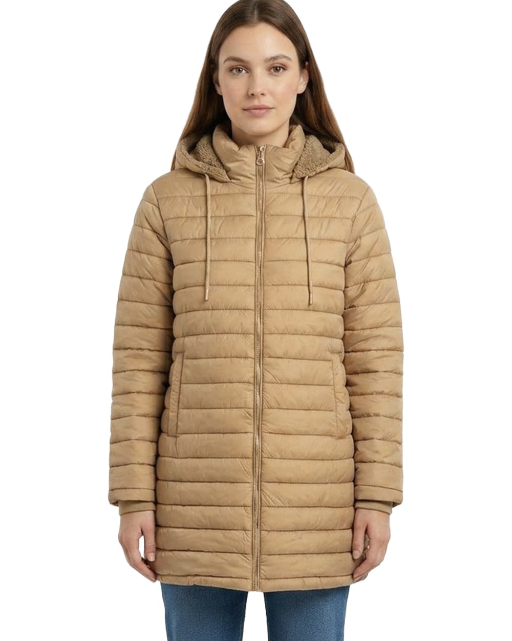 Women’s Longline Hooded Puffer Jacket with Sherpa Lining #22