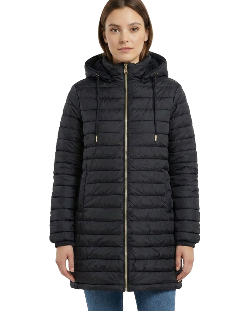 Women’s Longline Hooded Puffer Jacket with Sherpa Lining #22