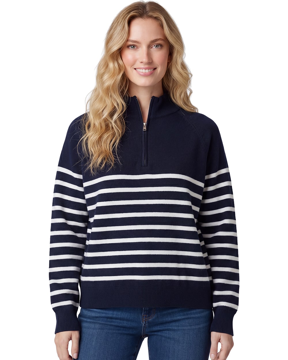 Ladies Quarter Zip Striped Sweater