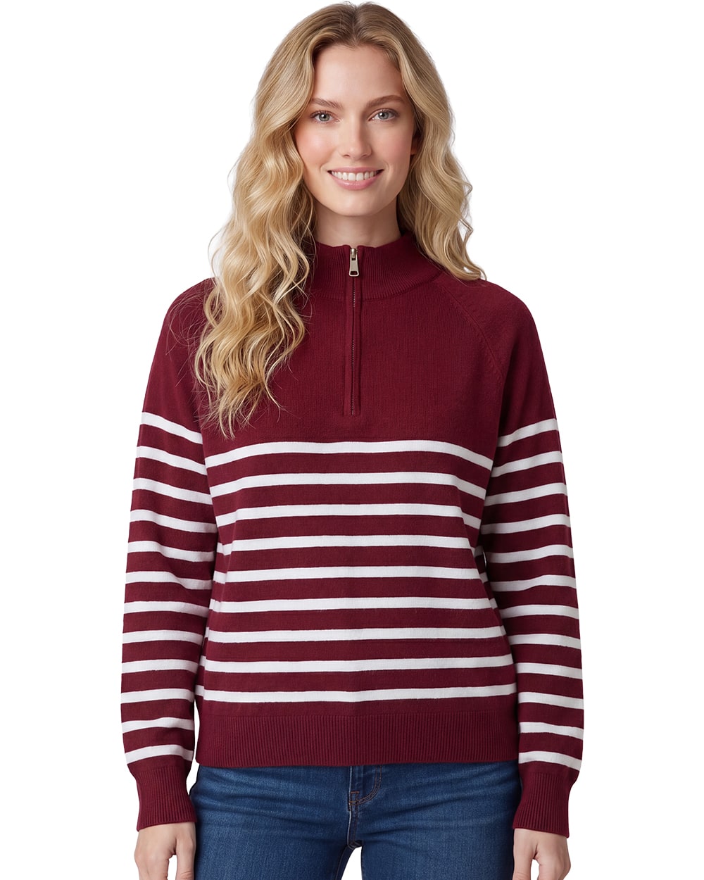 Ladies Quarter Zip Striped Sweater