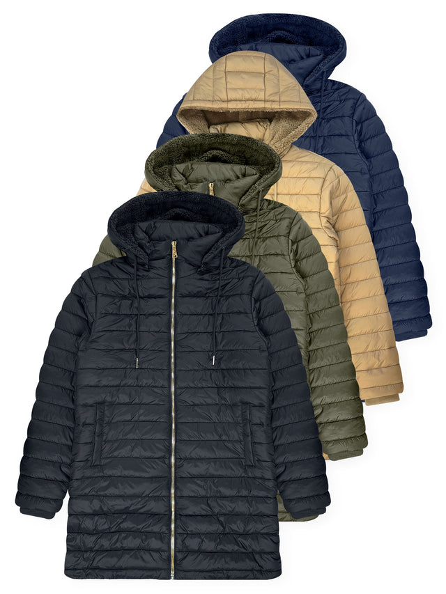 Chaqueta acolchada larga con capucha y forro de sherpa para mujer #22