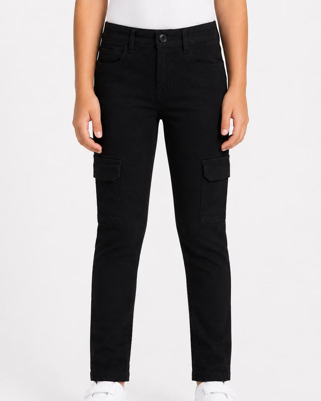 Niñas Pantalón Skinny de Sarga Negro con Bolsillos Cargo #02
