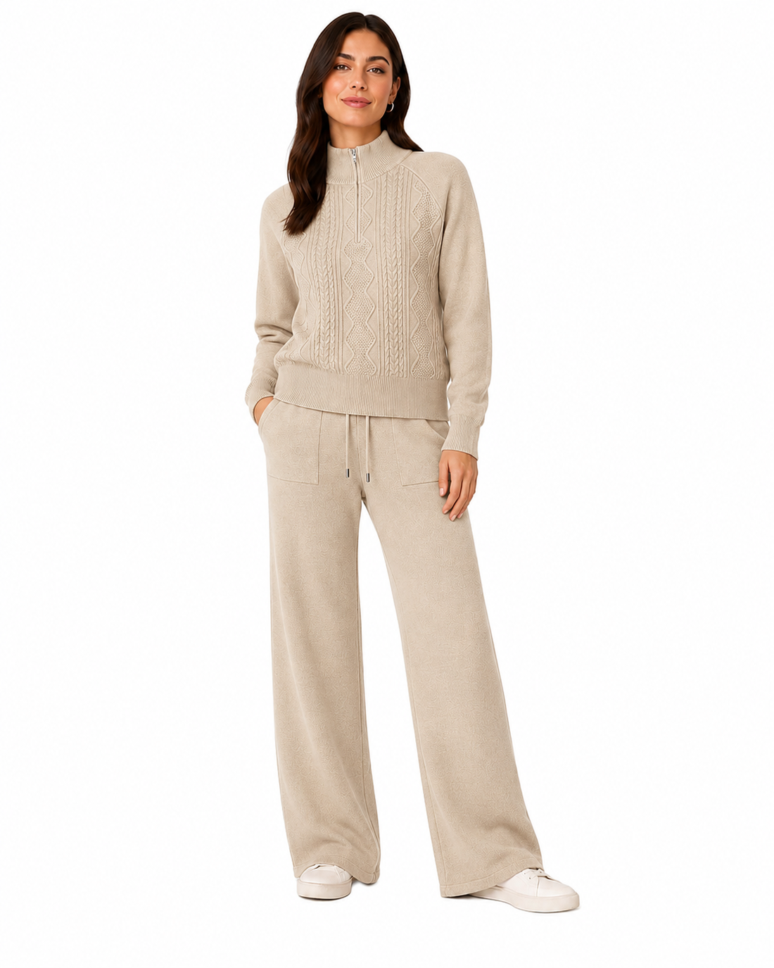 Conjunto de Suéter de Trenzas con Cierre 1/4 y Pantalón Lounge de Pierna Ancha #101